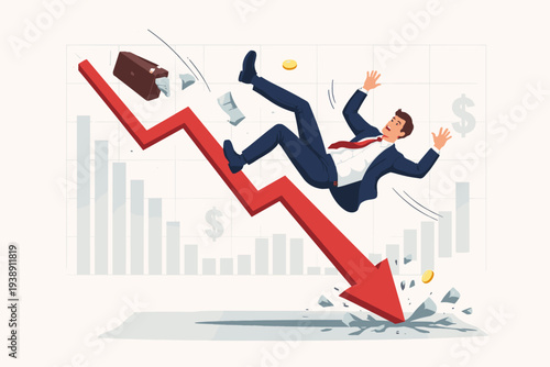 Businessman falling down with a red downward arrow representing a stock market crash, economic recession, financial crisis, investment failure, and business bankruptcy concept illustration.