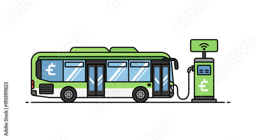 Green bus refueling at a charging station representing sustainable transport and ecofriendly practices.
