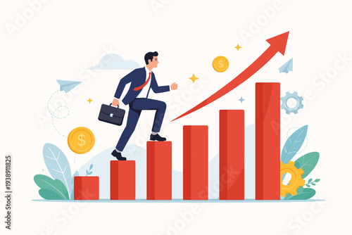 Ambitious businessman climbing a growing bar graph towards success, representing financial growth, career advancement, entrepreneurship, and determination to win in business competition.