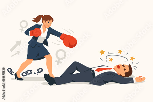 Empowered businesswoman in suit and boxing gloves knocking out male opponent to break gender inequality chains, concept of women rights, female leadership, success, and professional victory.