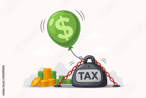 Tax Burden and Financial Pressure Concept Illustration with a Green Dollar Sign Balloon Tied to a Heavy Weight Labeled Tax with Red Chains, Stacks of Gold and Green Coins for Wealth Accumulation