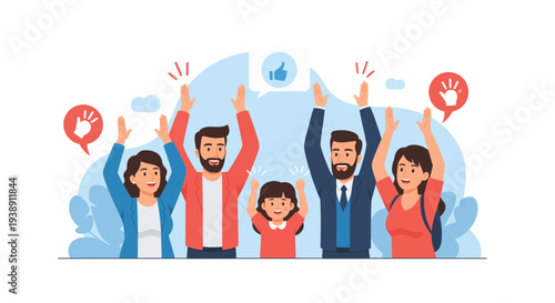 Group of happy people celebrating success with raised hands and smiles.