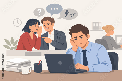 Workplace Gossip and Bullying Concept with Colleagues Whispering and Talking Behind a Sad Employee's Back in the Office, Toxic Work Environment, Rumors, Chatter, and Social Isolation Vector Art.