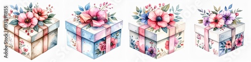 Watercolor gift boxes adorned with delicate floral arrangements and elegant ribbons festive celebration present illustrations isolated on white background
