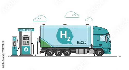 Hydrogen fuel cell truck refueling at a hydrogen filling station for sustainable transport.