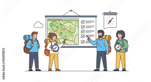 Hikers studying a map and planning their outdoor adventure together.