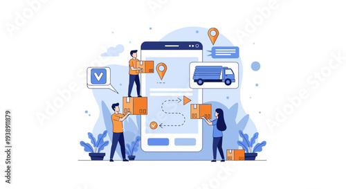 Logistics and delivery service app interface with people and packages.
