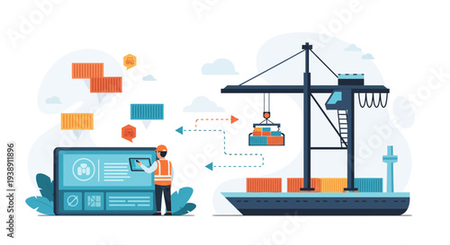 Logistics and shipping management with digital technology and crane.