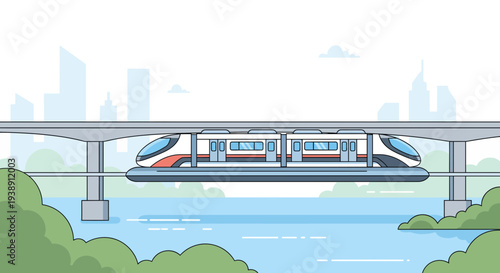 Modern elevated train travels across the water showcasing urban transportation.