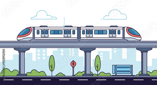 Modern elevated train travels on tracks above city streets transportation concept.
