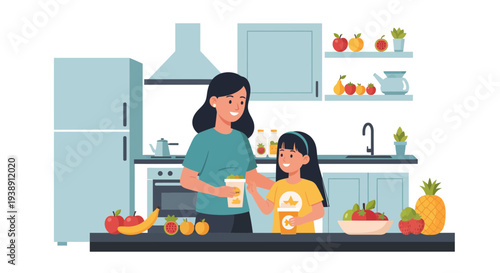 Mother and daughter sharing a drink in the kitchen enjoying quality time together.