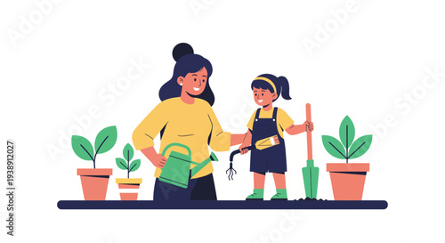 Mother and daughter gardening together enjoying outdoor activities and nurturing plants.