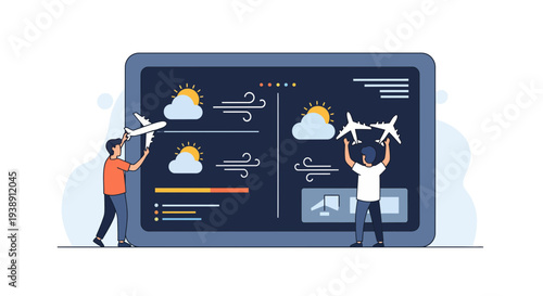 People interacting with a weather forecast display showing flight conditions.