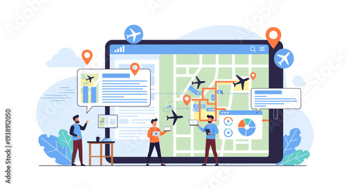 People using a tablet to plan a travel itinerary with flight tracking and location mapping.