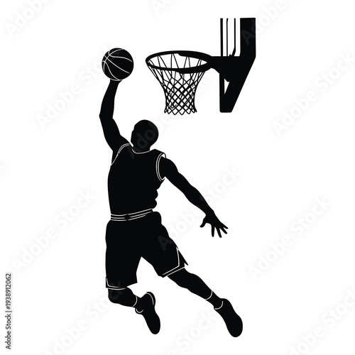 Silhouette of basketball player dunking ball into hoop isolated on white background