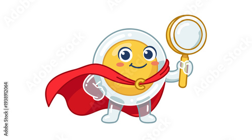 Cute superhero egg character with a red cape and a magnifying glass.
