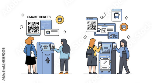 People using smart tickets at a transportation kiosk for travel.