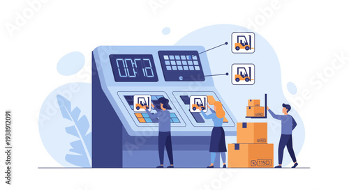 People working on a control panel with digital displays and data.