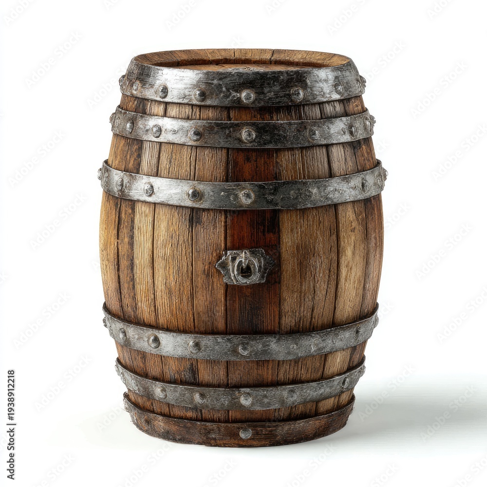 Fototapeta premium An aged, wooden, cylindrical container with metal bands and a handle, isolated
