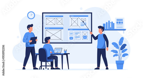 Team of designers collaborating on a website wireframe presentation.