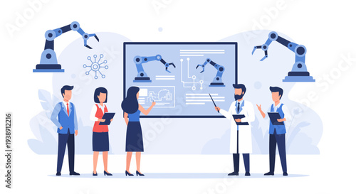 Team of engineers discussing robotic arm design and automation.