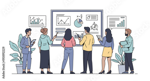 Team of professionals analyzing data and charts on a whiteboard during a meeting.