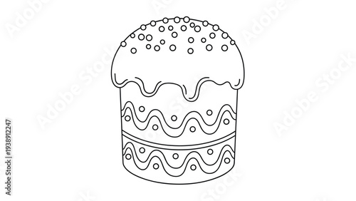 Simple black outline drawing of an easter cake decorated with icing and sprinkles on a white background for holiday coloring pages.