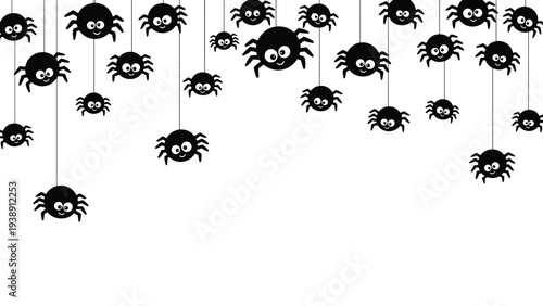 Festive illustration with numerous cute black spiders hanging on threads against a white background for halloween party decorations.