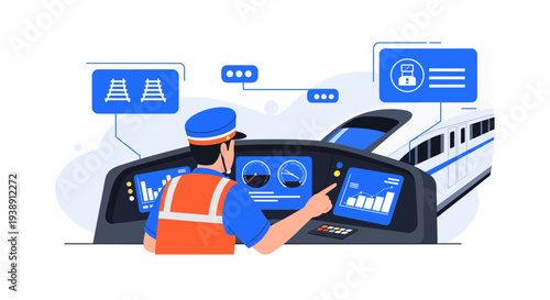 Train conductor operating modern train with advanced technology and controls.