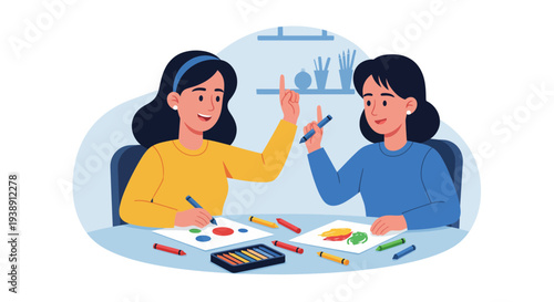 Two young women are drawing and painting together at a table.