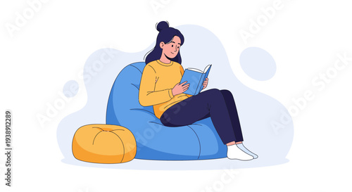 Woman reading a book while sitting on a comfortable beanbag chair indoors.