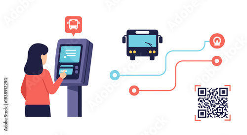 Woman using a ticket machine to pay for a bus ride with QR code.