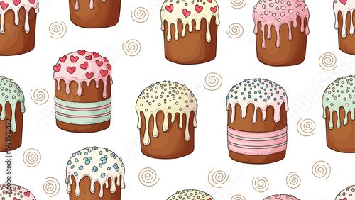 Assorted colorful easter cakes with various icing and sprinkle decorations in a seamless pattern on a white background for holiday.