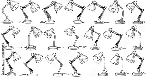 Hand-drawn Seamless Pattern of Desk Lamps. Doodle Sketch Style Background with Various Adjustable Table Lights. Retro Home Office Lighting Design.