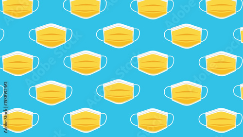 Seamless pattern featuring yellow medical face masks arranged neatly on a bright blue background for health and safety awareness.