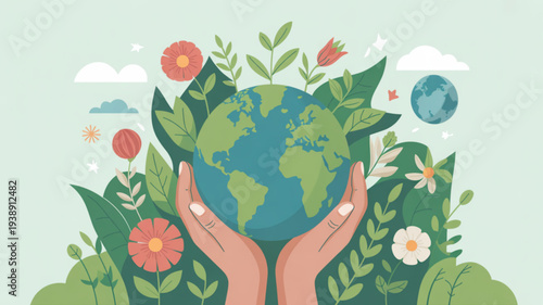 Person holding earth globe surrounded by lush greenery and vibrant flowers symbolizing eco friendly care and environmental protection