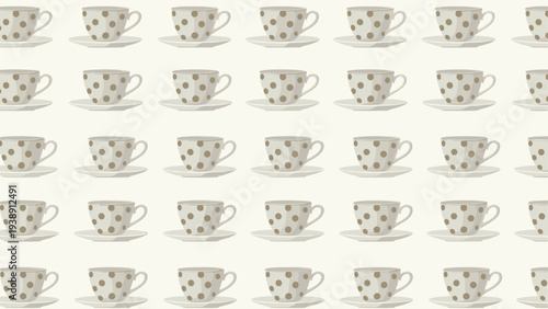 Elegant seamless pattern with small polka dot coffee cups and saucers in a grid arrangement on a soft cream background for cafe decor.