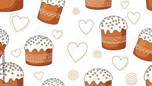 Lovely easter cake seamless pattern with hearts and swirls on a white background perfect for holiday cards and gift wrap decorations.