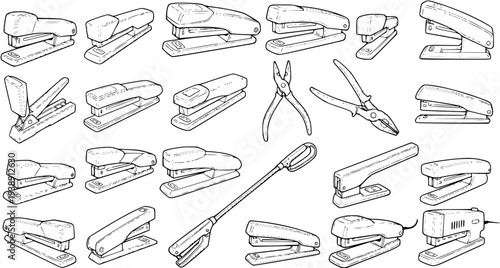 Detailed collection of various staplers and pliers, black and white outline illustrations, office supplies and hand tools sketch set.