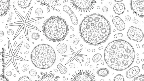Intricate pattern of various microorganisms bacteria and cells for scientific education or biology textbook design.