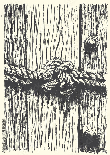 Hand-drawn style vector illustration depicting a robust nautical rope knot tied firmly around distressed wooden boards, perfect for vintage or antique themes.