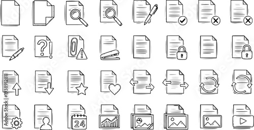 Document Icons: File Management, Security, and Workflow Symbols in Sketch Style