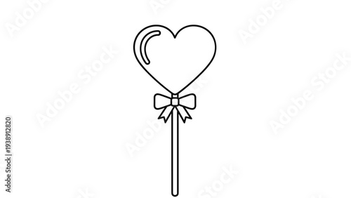Heart shaped lollipop with a bow outline drawing for valentines day coloring book or candy shop advertisement.