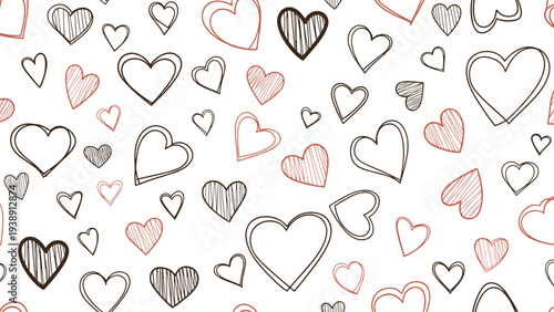 Seamless pattern with hand drawn sketchy hearts in red and black colors for romantic valentines day backgrounds.