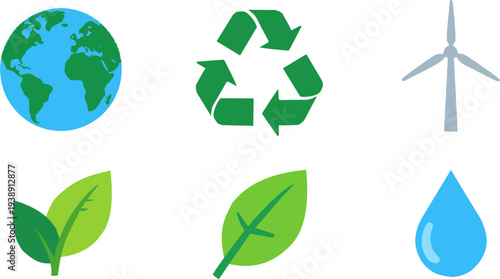 clean vector icons for sustainability and environment awareness, earth globe, recycling arrows, wind turbine, leaf, water drop