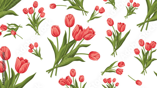 Cheerful pattern of red tulip bouquets scattered on a white background for spring seasonal decorations or apparel.