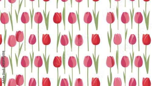 Seamless pattern with many vertical pink and red tulips on long stems for uniform floral background design.