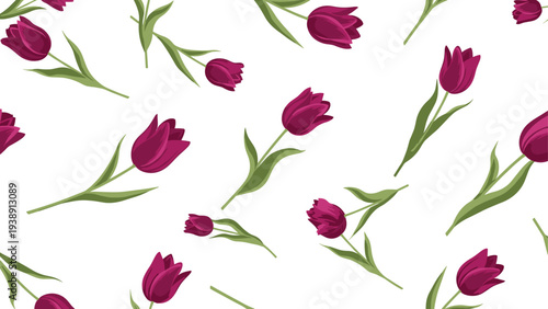 Seamless pattern of dark purple tulips scattered on a white background for sophisticated floral fabric prints.