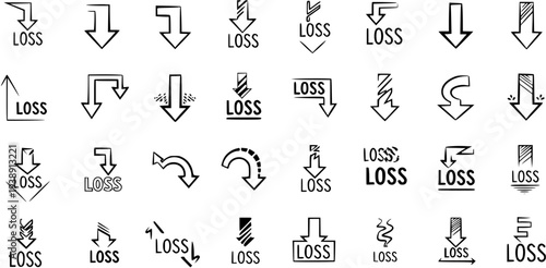 Hand-Drawn Doodle Arrows with 'LOSS' Text Set. Vector illustrations for Financial Decline, Business Crisis, Economic Downturn, Stock Market Drop, and Negative Trends.