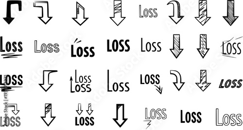 Hand-drawn doodle set of "Loss" text in various styles and downward arrows, symbolizing decrease, fall, bad business, or financial challenges.
